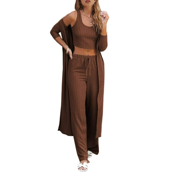 Sherrylily Fall Women Pajamas 3 Piece Set Crop Vest Top Loose Pants and Cardigan Knitwear Jumpsuit