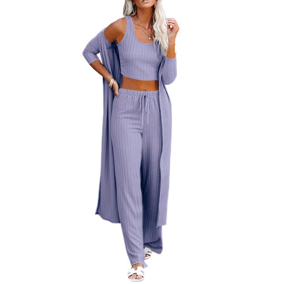 Sherrylily Fall Women Pajamas 3 Piece Set Crop Vest Top Loose Pants and Cardigan Knitwear Jumpsuit