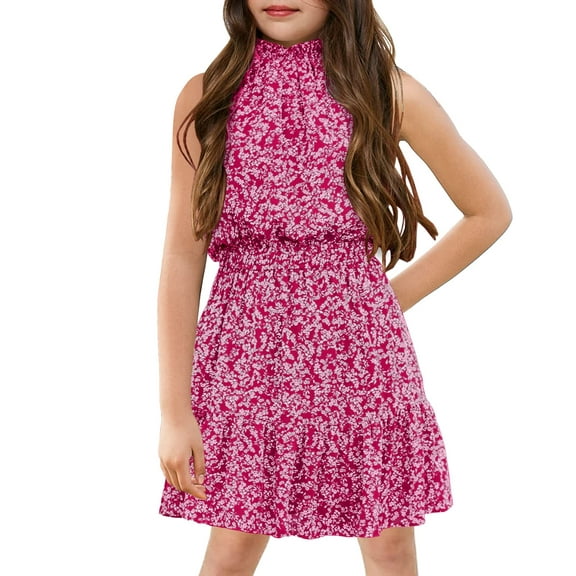 Sherrylily Floral Girls Dresses Kids Casual Halter Sleeveless Cute Short Dress 5-14 Years