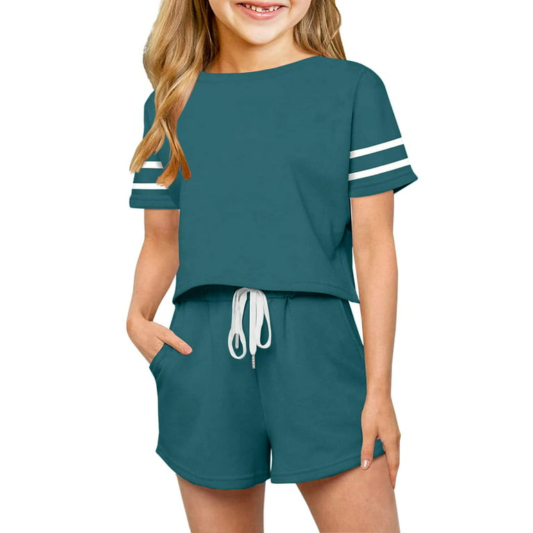 Sherrylily Girls 2 Piece Outfits Kids Casual Short Sleeve Crop Tops  Drawstring Shorts Sets 4-15 