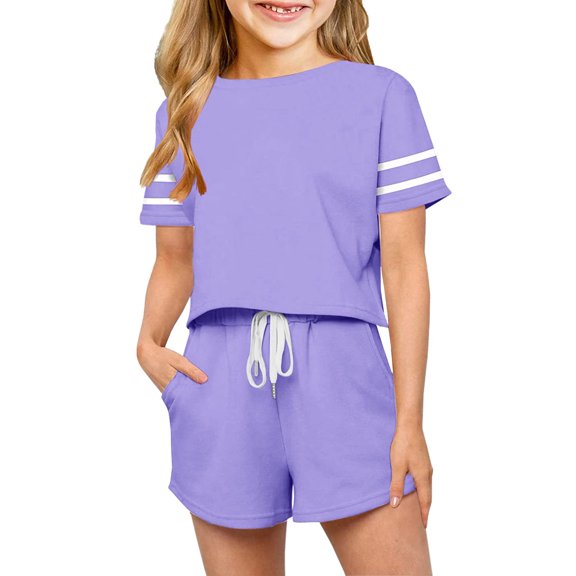 Sherrylily Girls 2 Piece Outfits Kids Casual Short Sleeve Crop Tops Drawstring Shorts Sets 4-15