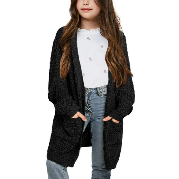 Sherrylily Girls Batwing Long Sleeve Sweater Cardigan Open Front Chunky Knit Sweaters Coats with Pockets 5-14 Years