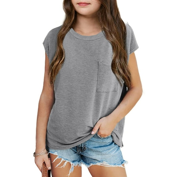 Sherrylily Girls Cap Sleeve Summer Tops Casual Crewneck Loose Cute T shirts with Pocket