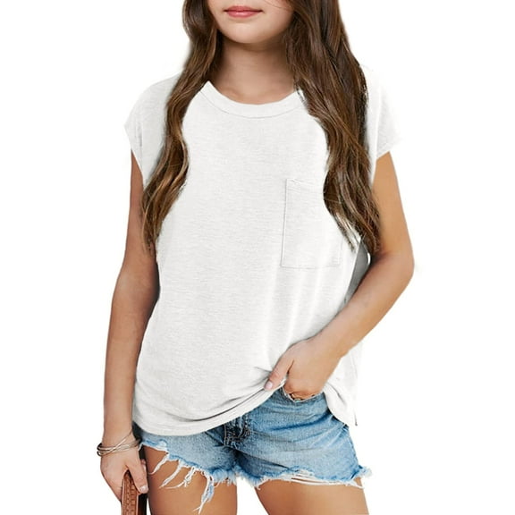 Sherrylily Girls Cap Sleeve Summer Tops Casual Crewneck Loose Cute T shirts with Pocket