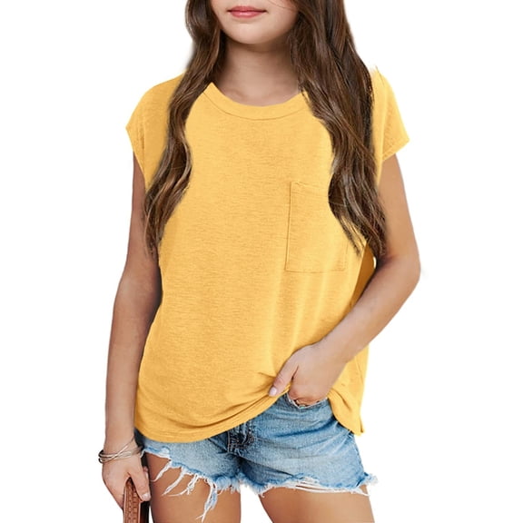 Sherrylily Girls Cap Sleeve Summer Tops Casual Crewneck Loose Cute T shirts with Pocket
