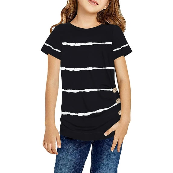 Sherrylily Girls Casual Short Sleeve T Shirts Button Tunic Tops Striped Loose Tee Blouse Size 4-15