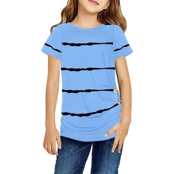 Sherrylily Girls Casual Short Sleeve T Shirts Button Tunic Tops Striped Loose Tee Blouse Size 4-15