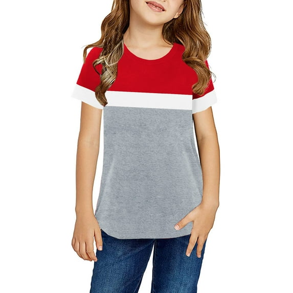 Sherrylily Girls Casual Short Sleeve T Shirts Kids Loose Cute Tops Color Block Tee Size 4-15