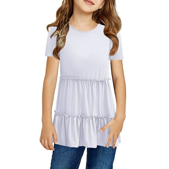 Sherrylily Girls Cute Short Sleeve Tunic Tops Casual Loose Ruffle T Shirts Kids Summer Blouses 4-15 Years