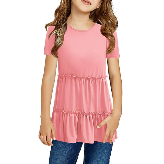 Sherrylily Girls Cute Short Sleeve Tunic Tops Casual Loose Ruffle T Shirts Kids Summer Blouses 4-15 Years
