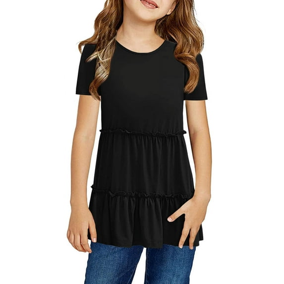 Sherrylily Girls Cute Short Sleeve Tunic Tops Casual Loose Ruffle T Shirts Kids Summer Blouses 4-15 Years