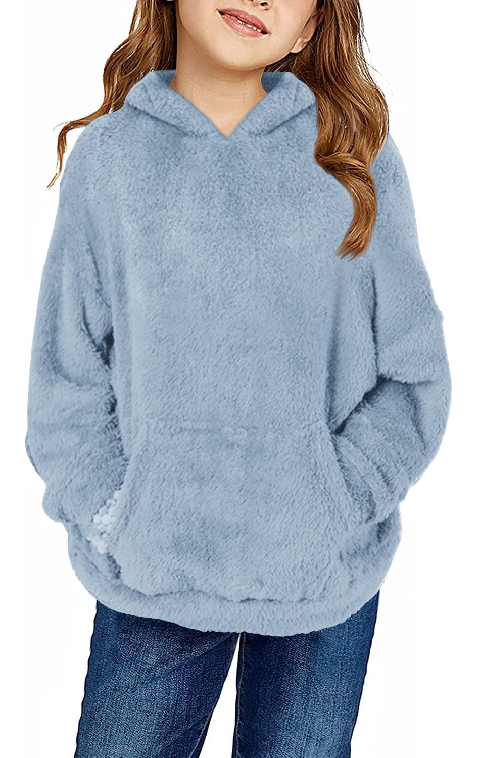 Yyeselk Womens Fleece Tunic Pullover Long Sleeves Fuzzy Sweatshirts  Oversized Fluffy Coat with Pockets Trendy Pure Color Hoodies Blue S 