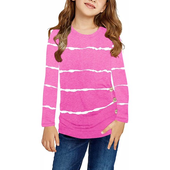 Sherrylily Girls Long Sleeve T Shirts Crewneck Tunic Tops Kids Button Striped Casual Tee Size 4-15