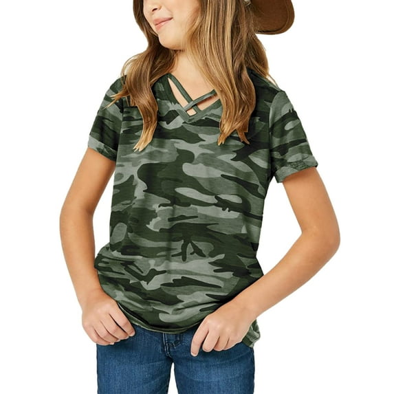 Sherrylily Girls Short Sleeve Shirts V Neck Criss Cross Tees Kids Casual Tops Camouflage Blouse