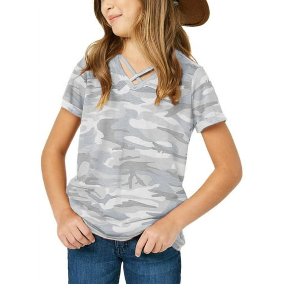 Sherrylily Girls Short Sleeve Shirts V Neck Criss Cross Tees Kids Casual Tops Camouflage Blouse