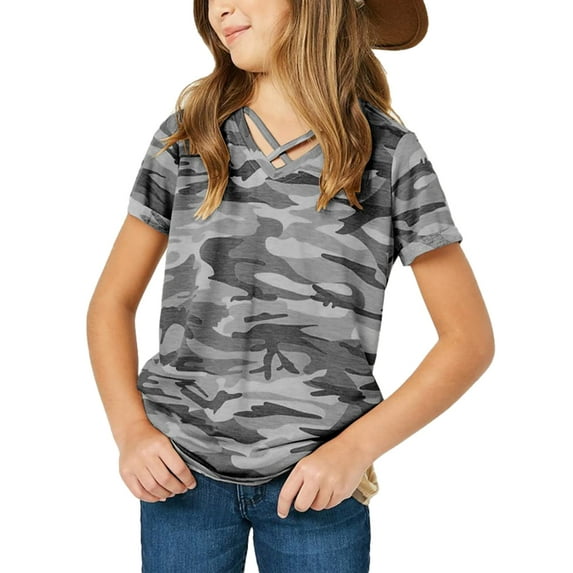 Sherrylily Girls Short Sleeve Shirts V Neck Criss Cross Tees Kids Casual Tops Camouflage Blouse