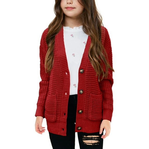 Sherrylily Girls Sweaters Kids Open Front Button Down Knit Cardigans with Pockets