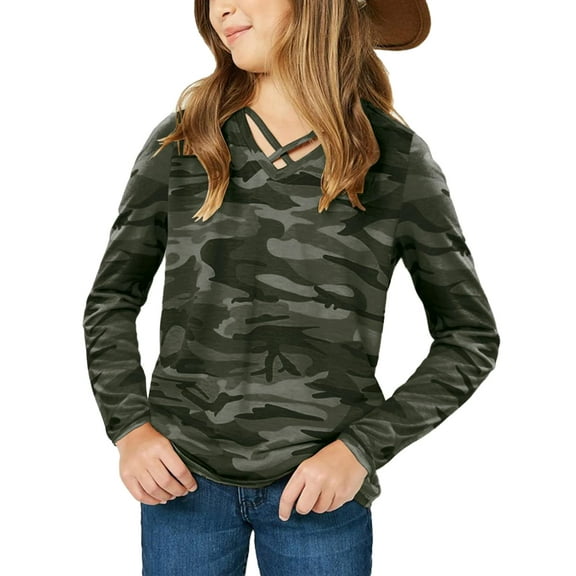 Sherrylily Kids Camouflage Stripe Long Sleeve Tops V Neck Criss Cross Tees Girls Casual Blouse（4-15T）