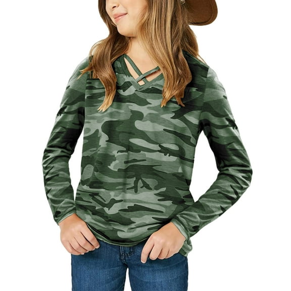 Sherrylily Kids Camouflage Stripe Long Sleeve Tops V Neck Criss Cross Tees Girls Casual Blouse（4-15T）