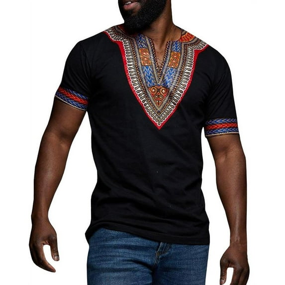 Sherrylily Men African Dashiki T Shirt Tribal Floral Print V Neck Mens Slim Fit Shirts Tops