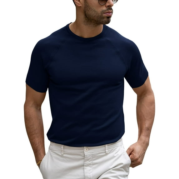 Sherrylily Men Casual T-Shirt Short Sleeve Knitted Slim Round Neck Basic Tops