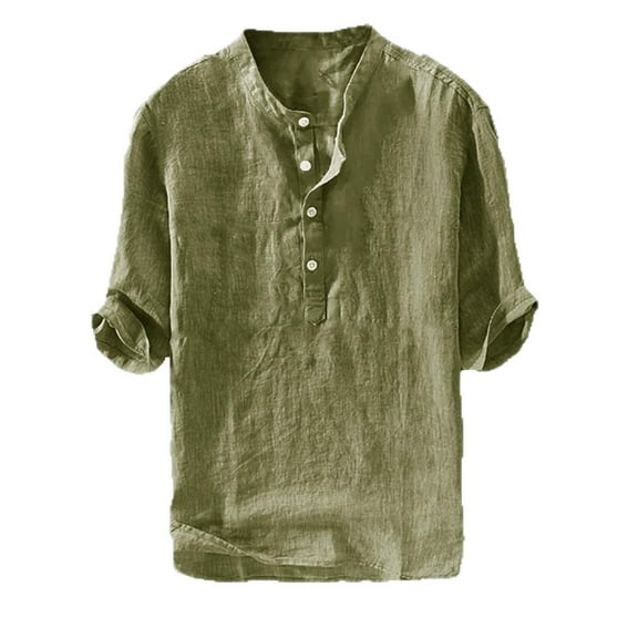 Sherrylily Men Henley T-Shirt Linen Shirts Button Up Beach Tops Casual Tees