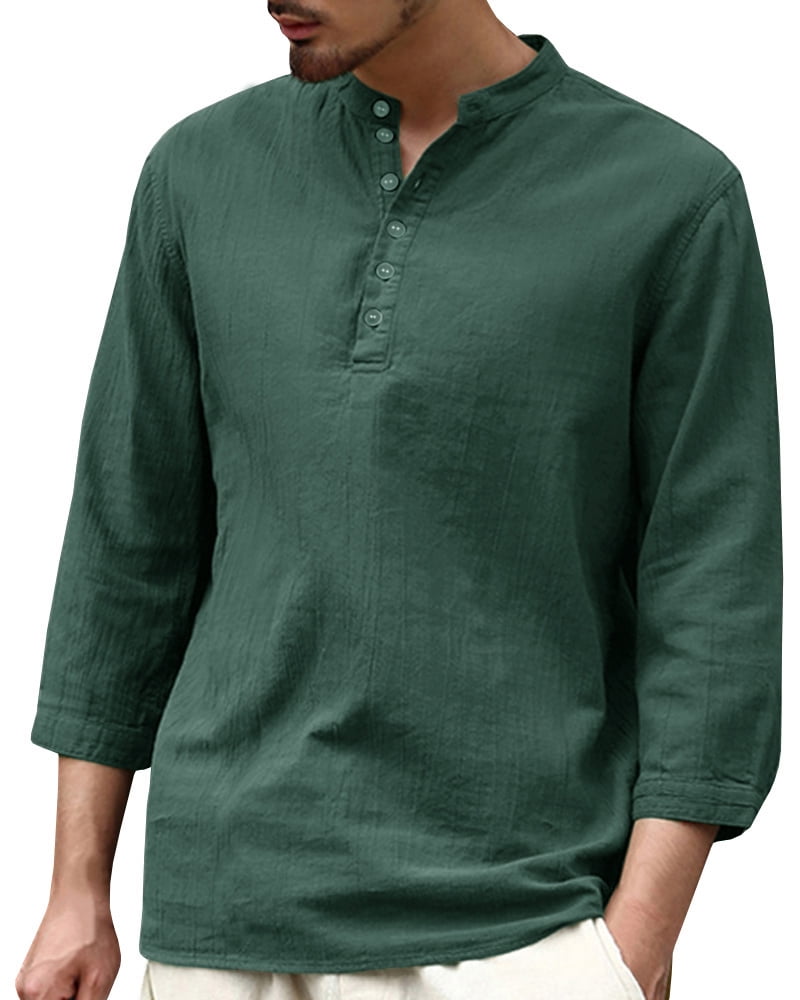 Sherrylily Men Linen Henley Shirt Long Sleeve Beach Loose Fit Henleys