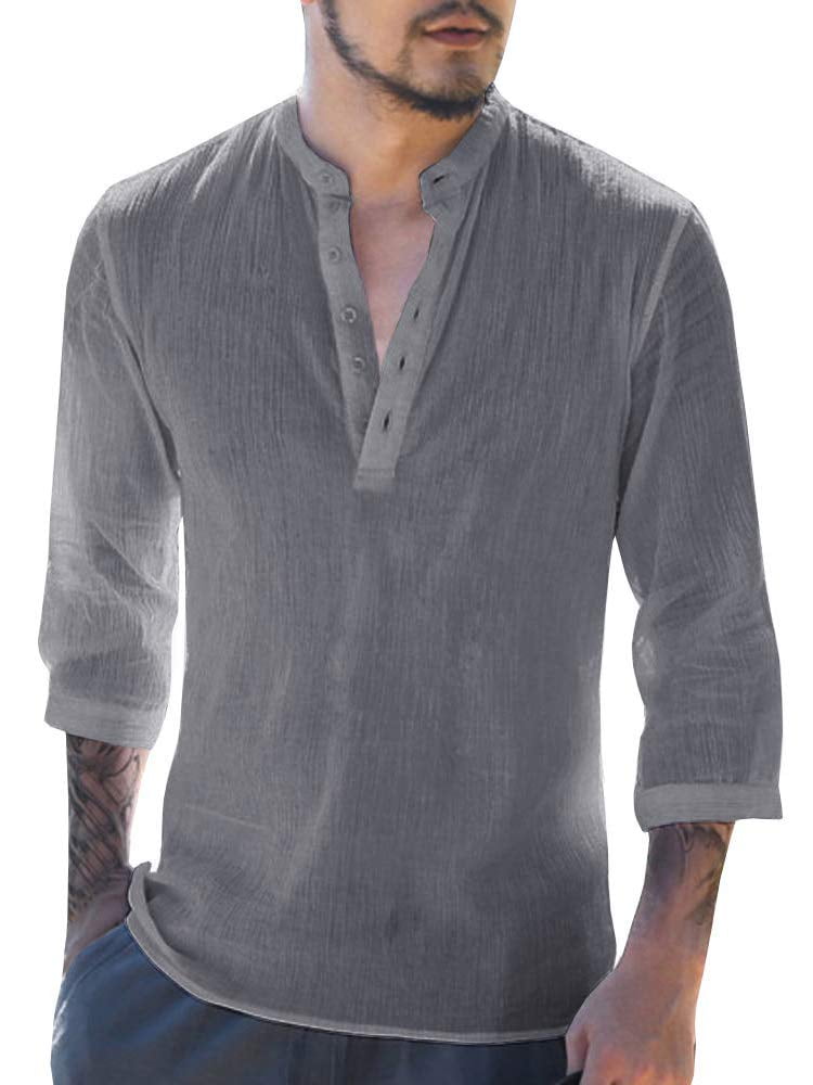 Sherrylily Men Linen Henley Shirt Long Sleeve Beach Loose Fit Henleys