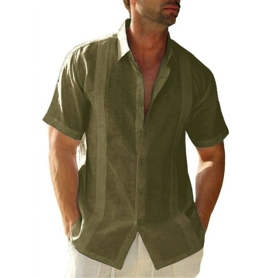 Sherrylily Men Short Sleeve Cuban Camp Guayabera Shirt Linen Cotton Button Down Shirts M-3XL
