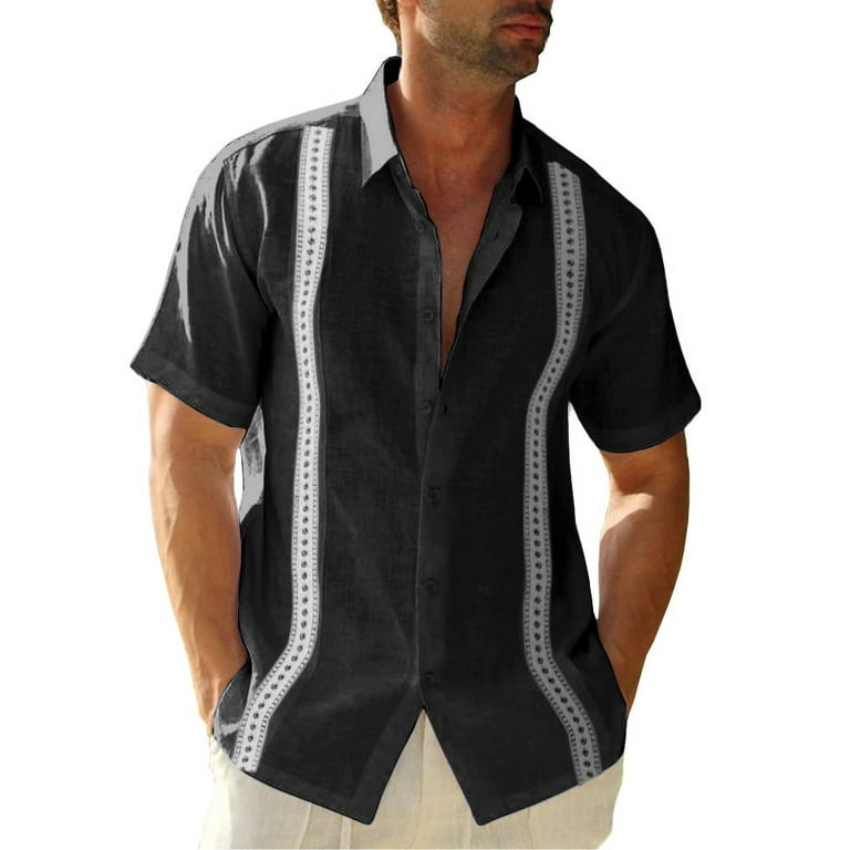 Sherrylily Men Short Sleeve Cuban Camp Guayabera Shirt Linen Cotton Button Down Shirts M 3XL