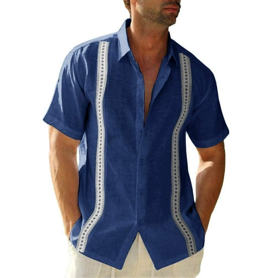 Sherrylily Men Short Sleeve Cuban Camp Guayabera Shirt Linen Cotton Button Down Shirts M-3XL
