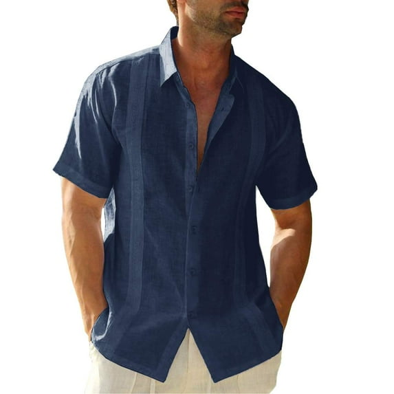 Sherrylily Men Short Sleeve Cuban Camp Guayabera Shirt Linen Cotton Button Down Shirts M-3XL