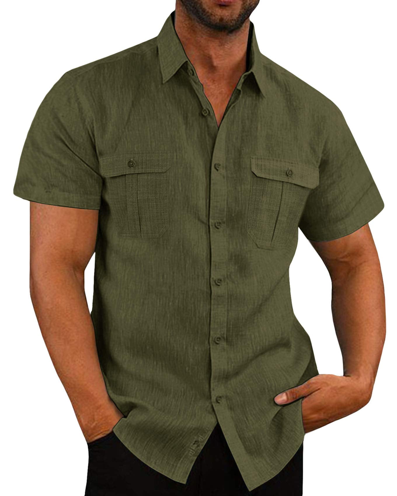 Mens Button Down Shirts Casual Short Sleeve Linen Tops Cotton Lightweight  Fishing Tees Spread Collar Plain Shirt