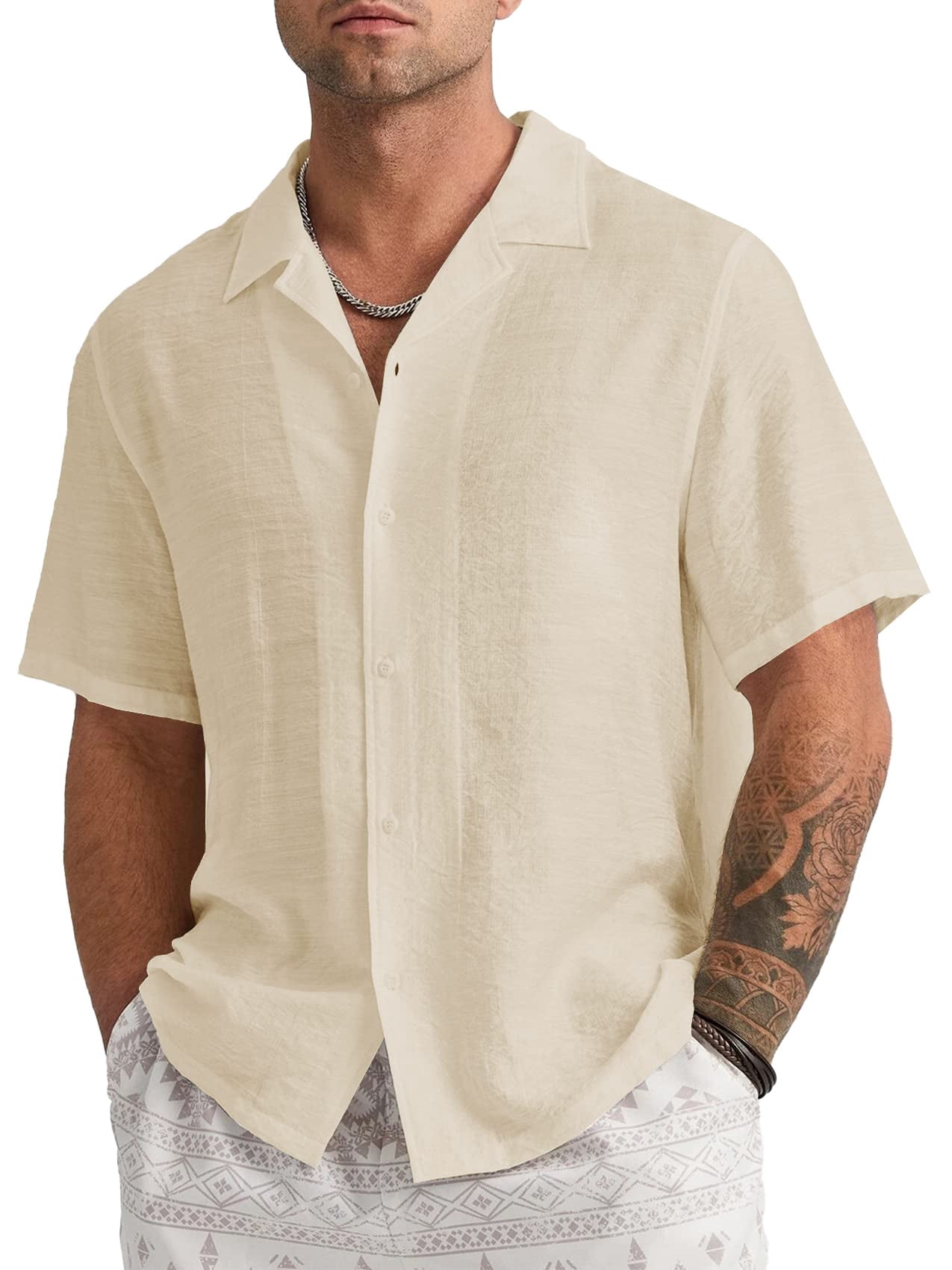 Sherrylily Mens Linen Button Down Shirts Short Sleeve Cuban Summer ...