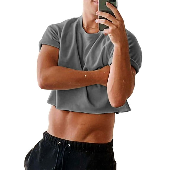 Sherrylily Mens Sexy Cropped Top Short Sleeve Print Cotton Crop T Shirts