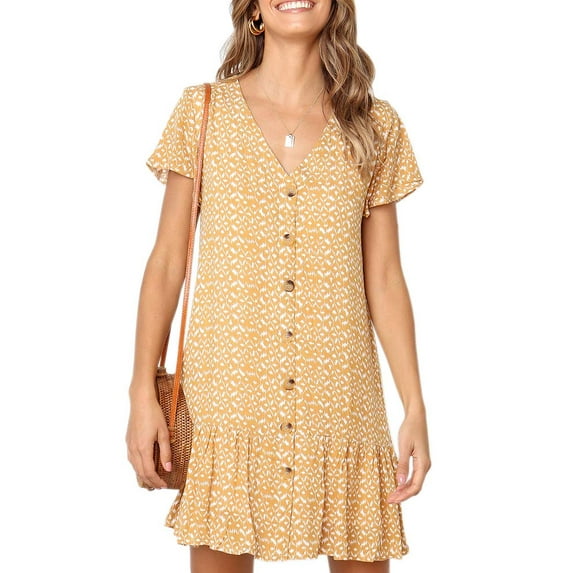 Sherrylily Summer Women Polka Dot V Neck Button Down Ruffle Loose Swing Short Mini T-Shirt Dress