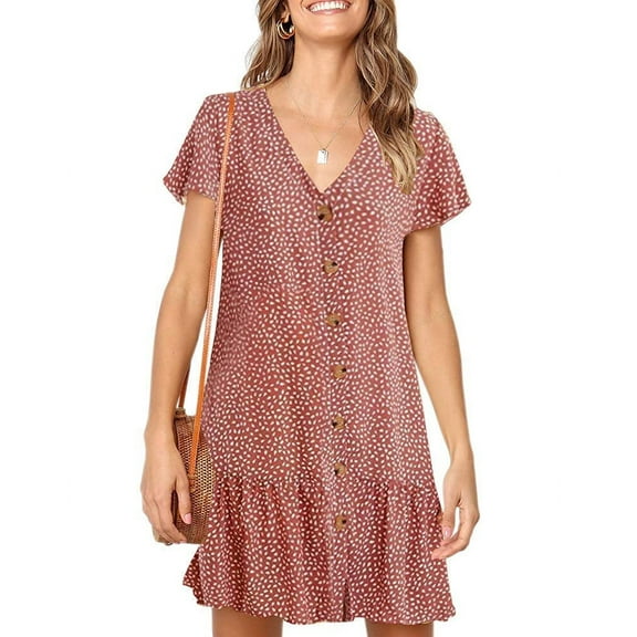Sherrylily Summer Women Polka Dot V Neck Button Down Ruffle Loose Swing Short Mini T-Shirt Dress