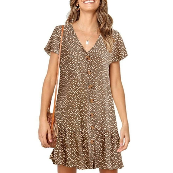 Sherrylily Summer Women Polka Dot V Neck Button Down Ruffle Loose Swing Short Mini T-Shirt Dress
