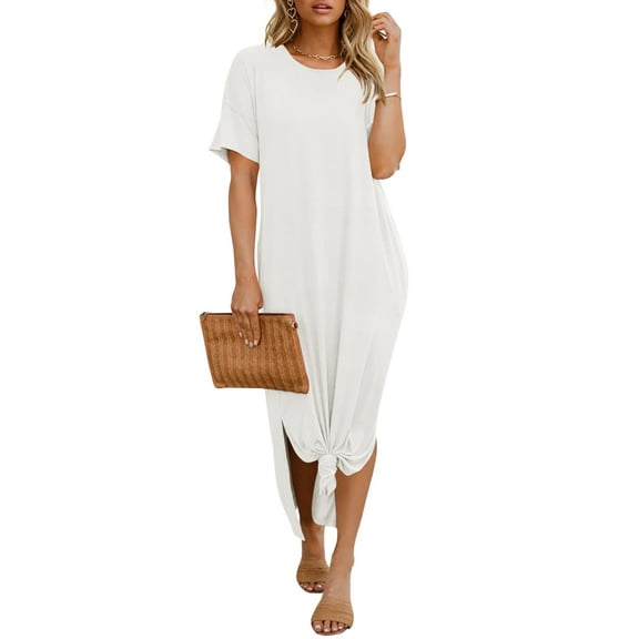 Sherrylily Summer Women T Shirt Dress Casual Drop Shoulder Dresses Side Slit Midi Dress with Pockets