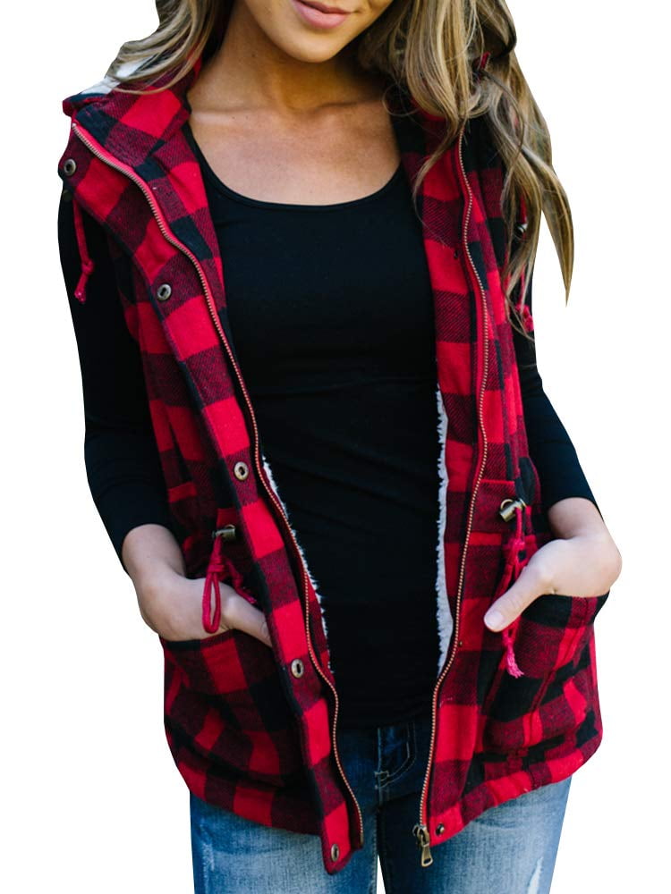 Sherrylily Winter Women Buffalo Plaid Vest Hooded Sherpa Fleece
