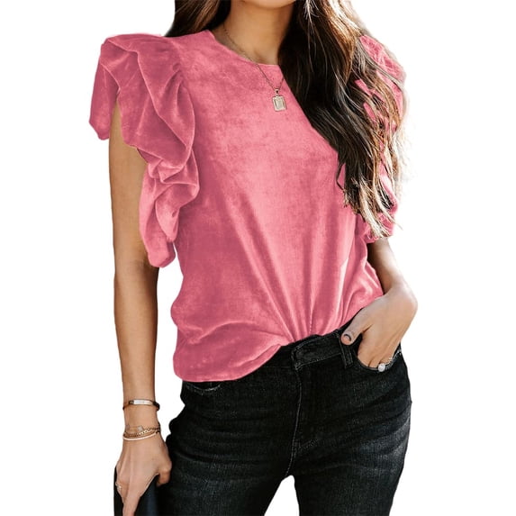 Sherrylily Woman Ribbed Velvet Blouse Short Ruffle Sleeve Casual Shirt