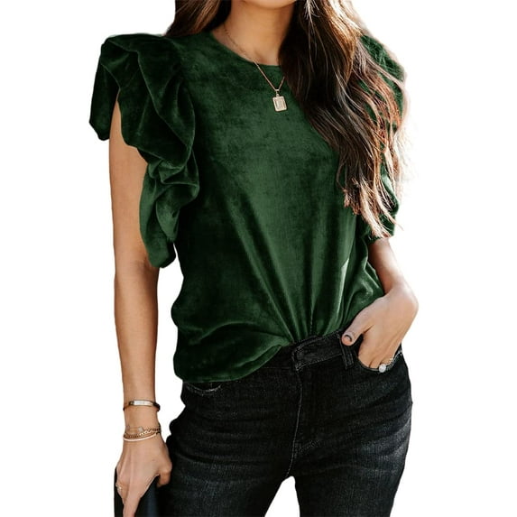 Sherrylily Woman Ribbed Velvet Blouse Short Ruffle Sleeve Casual Shirt