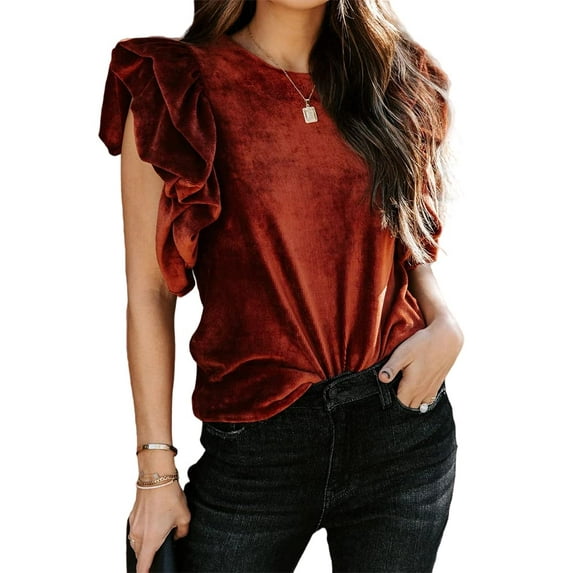 Sherrylily Woman Ribbed Velvet Blouse Short Ruffle Sleeve Casual Shirt