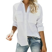Sherrylily Women Button Down Shirts Long Sleeve Blouse Roll Up Cuffed Sleeve Casual Plain Tops with Pockets
