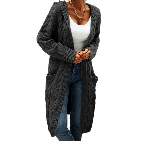 Sherrylily Women Cable Knit Cardigan Open Front Long Pocket Hooded Casual Outwear Sweater