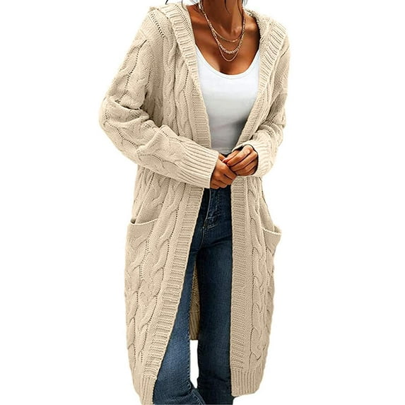 Sherrylily Women Cable Knit Cardigan Open Front Long Pocket Hooded Casual Outwear Sweater