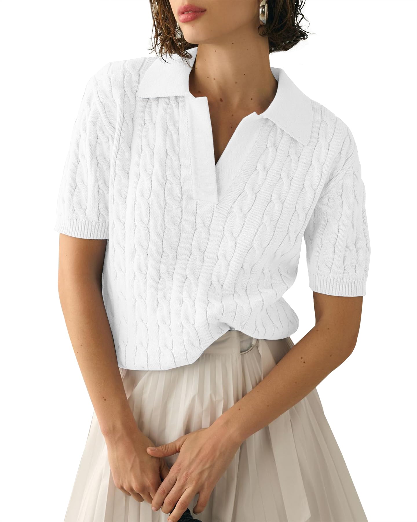Women Cable Short Sleeve Sweaters Tops V Neck Knit Casual Pullover Shirt