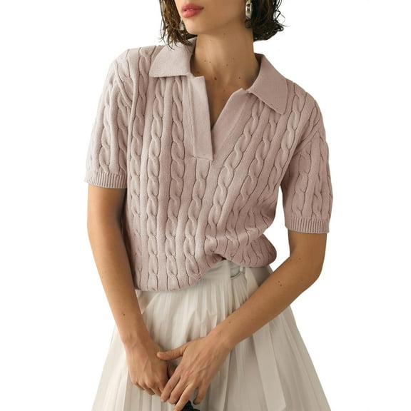 Sherrylily Women Cable Short Sleeve Sweaters Tops V Neck Knit Casual Pullover Shirt