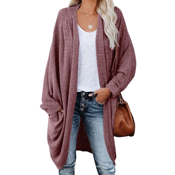 Sherrylily Women Cardigan Long Batwing Sleeve Open Front Knit Sweater Chunky Waffle Coat