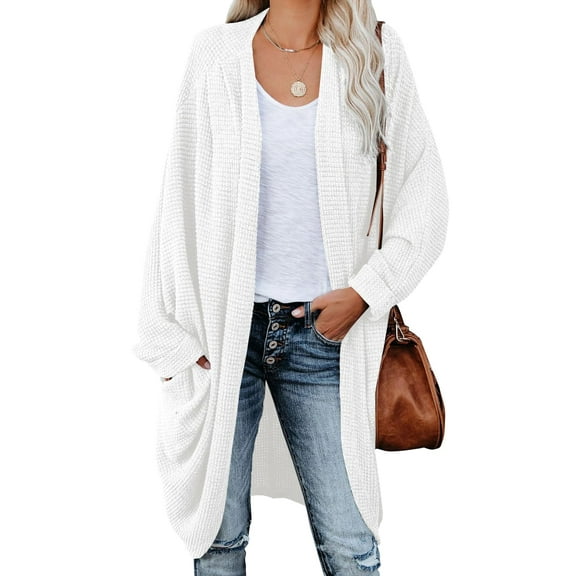 Sherrylily Women Cardigan Long Batwing Sleeve Open Front Knit Sweater Chunky Waffle Coat